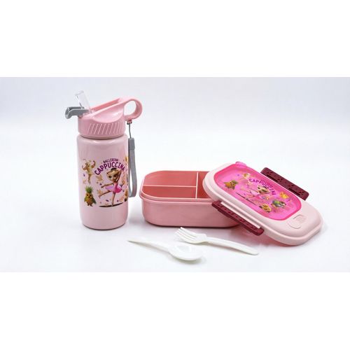 Set Repas Enfant Jungle Rose, Boîte à Lunch 3 Compartiments Avec Gourde et Couverts