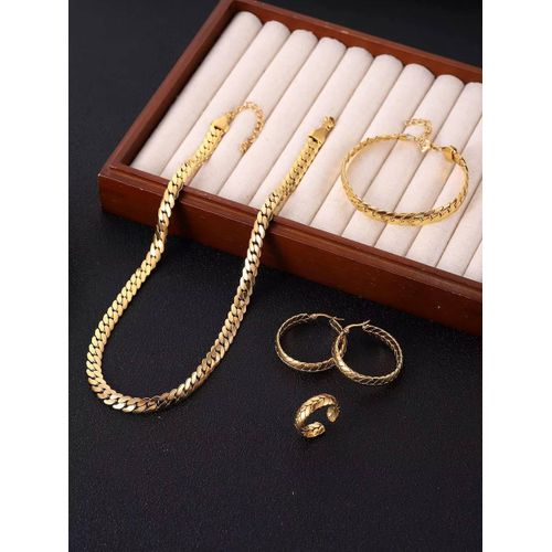 Ensemble bijoux en acier inoxydable doré, collier et bracelet, boucle et bague, simple à la mode