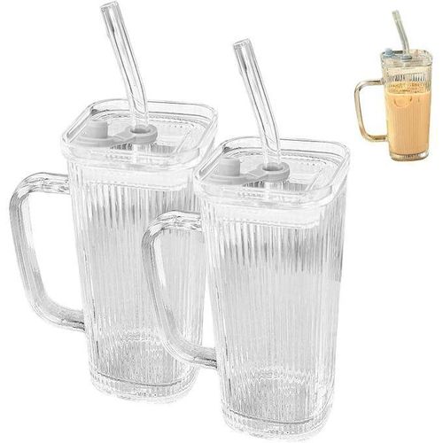 tasse en verre, gobelet en verre de 250 ml avec couvercle et paille, poignée rayée, pour café glacé, thé, passent au lave-vaisselle