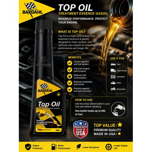 Top Oil 250ml – Additif Carburant Essence & Diesel Nettoyant Injecteurs Traitement Moteur