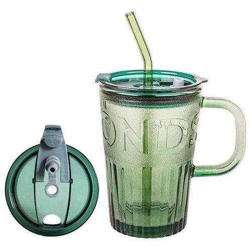 Gobelet en verre avec couvercle et poignée en paille, 400 ml, transparent, réutilisable, anti-fuite, pour smoothies, boissons chaudes et froides, sodas, pour le bureau, les repas en plein air, les fêtes au bord de la piscine, le petit-déjeuner