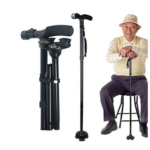 عصا شديدة التحمل قابلة للطي عصا مشي مع ضوء LED مدمج ودوارات - مقبض للرجال والنساء قاعدة عصا المشي للمشي لمسافات طويلة والتخييم