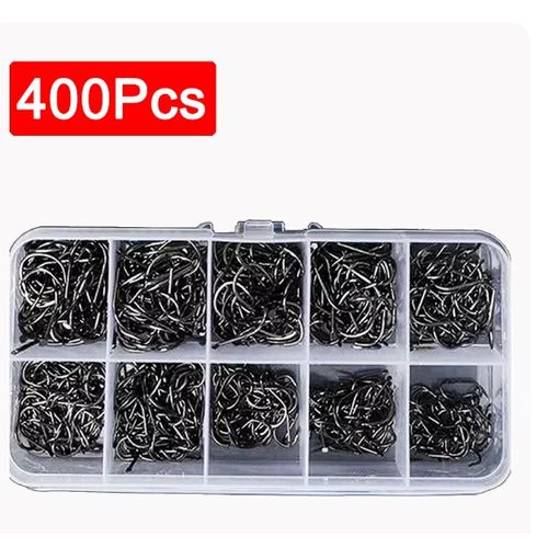 Hameçons de pêche 400 PES,Hameçons de pêche en acier à haute teneur en carbone, paquet de 400 hameçons de pêche à large écart pour l'eau salée et l'eau douce avec 10 tailles