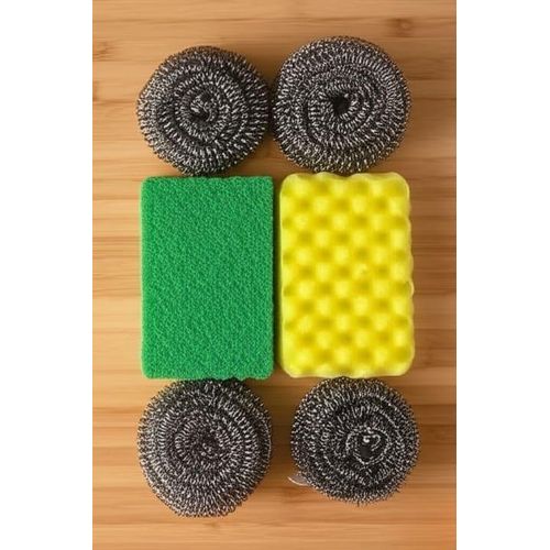 Pack d'éponges 6 pièces de nettoyage. Ce paquet contient des éponges de récurage métalliques et des éponges en mousse.