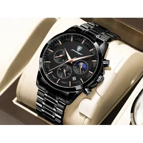 Montre Sport Homme Chronographe Phase de Lune Trois Sous-Cadrans Noir – Collection Signature