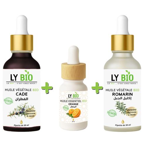 PACK HUILE CADE 50ML - PIPETTE HUILE ESSENTIEL ORANGE 10ML HUILE ROMARIN 50ml - PIPETTE