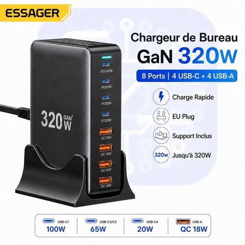 Chargeur GaN 320W de Bureau 8 Ports USB-C et USB-A avec Support – Charge Rapide PD/QC – Prise EU