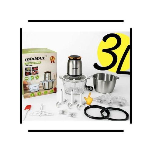 Hachoir Électrique minMAX 2-en-1 – Capacité 3L, 2000W avec Bols en Verre et Inox