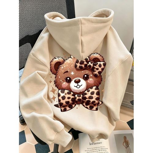 Sweat à capuche avec cordon de serrage, imprimé léopard, nœud et ours, mode urbaine automnehiver - Style doux vintage américain Style millénaire Y2K. Doté d'une capuche avec cordon de serrage et d'une poche kangourou avant pour un port confortable pa