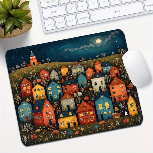 1 قطعة من بساط فأرة الألعاب بتصميم مدينة ليلية - سجادة مكتب صغيرة سميكة مانعة للانزلاق بتصميم سماء مرصعة بالنجوم وفوانيس صينية، نمط مشهد ليلي لطيف للكمبيوتر/اللاب توب، المكتب، سطح متين ومقاوم للبقع (هدية)