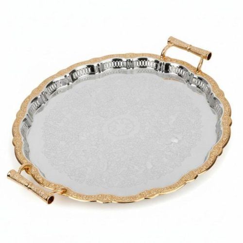 Plateau de Service Rond en Acier Inoxydable avec Poignées Dorées Design Élégant