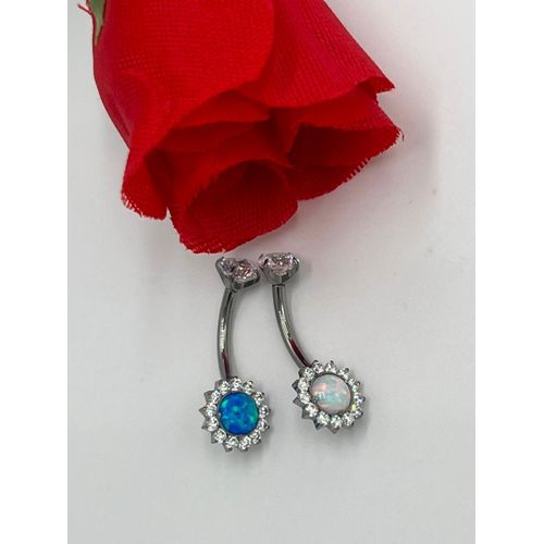 piercing nombril titane 14G, ASTM F136, fleur avec opale CZ pave top filete