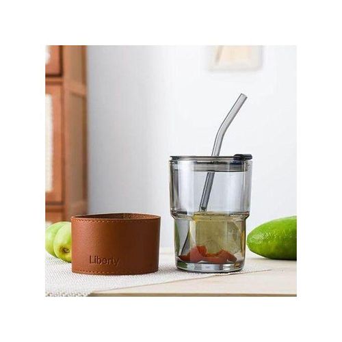 Tasse à Café Portable en Verre avec Paille, Couvercle et Étui en Cuir (noir)