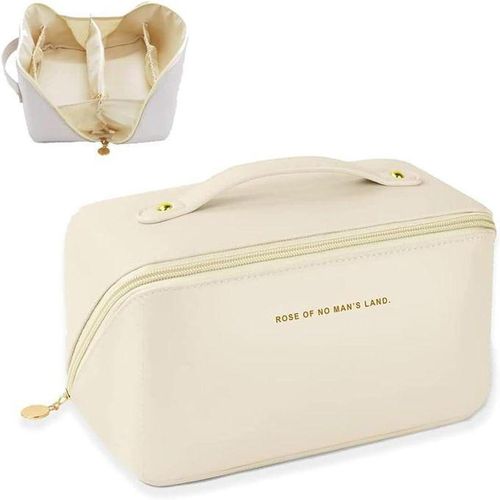 Trousse à Maquillage Voyage avec Poignée,Imperméable PU Trousse Maquillage,Étanche Portable Trousse de Rangement Toilette Femme,Sac de Maquillage de Voyage, pour Femme Cosmétique Organiseur, blanc.