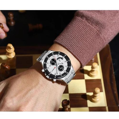 Montre Luxe Homme Chronographe Trois Sous-Cadrans Bracelet Acier 22 mm Blanc – Série Prestige