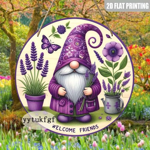 2D Plat - 1pc, Panneau de Lavande Gnome, Panneau de Lavande Gnome Exquis, 2D Plat, Panneau En Bois, Panneau Rond, 20.32x20.32cm, Panneau Décoratif, Décoration de Maison, Décoration de Paysage, Décoration de Fenêtre, Décoration de Lavande Gnome, Décoratio