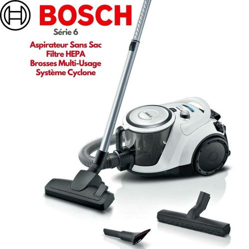 BGS41K332 Série 6 Aspirateur Sans Sac Cyclonique – Bac 2.4L, Filtre HEPA Lavable, Smart Sensor Control, Tube Télescopique, 3 Brosses Multi-Usage, Haute Performance