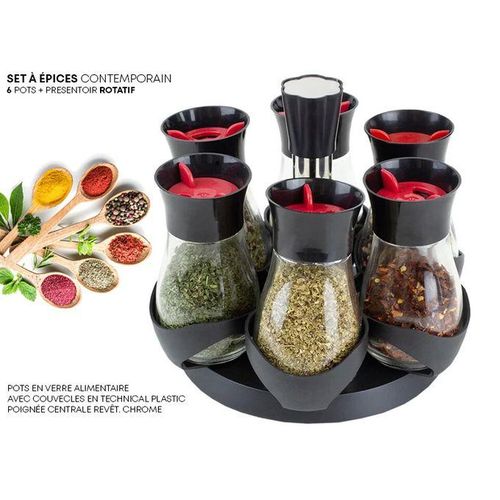 Set 6 Pots À Épices Contemporain + Présentoir Rotatif, Assaisonnements Divers