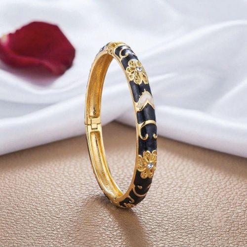 Bracelet Jonc Femme Doré avec Motifs Noirs et Strass Élégant