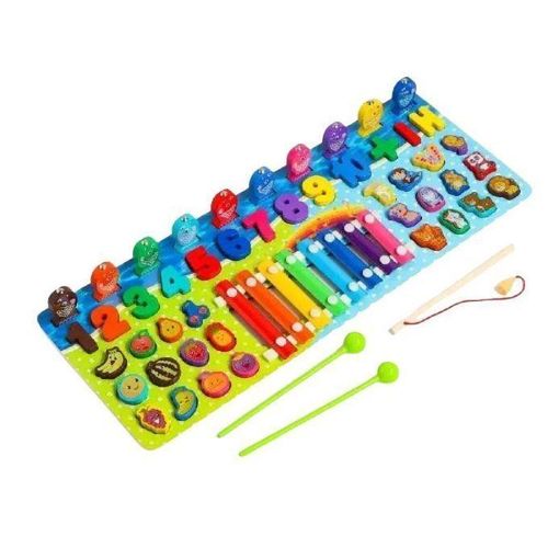 Jeu Éducatif Montessori en Bois 5 en 1 pour Enfant avec Xylophone Musical Jeu de Pêche Magnétique Chiffres et Formes à Encastrer Apprentissage Préscolaire Développement Cognitif et Motricité Fine Jouet Éveil Premier Âge Idéal Cadeau pour 3 Ans