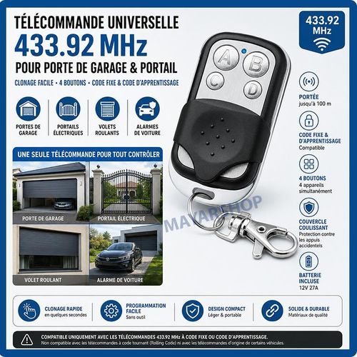 Télécommande Universelle 433.92 MHz pour Porte de Garage et Portail – Duplicateur de Télécommande Sans Fil 4 Boutons – Clonage Codes Fixes & Codes d'Apprentissage – Batterie Incluse