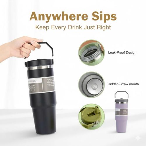 كوب سيارة معزول، ترموس 30oz، كوب من الستانلس ستيل مع شفاطة، زجاجة رياضية للسفر، قارورة مفرغة الهواء، كوب سيارة كبير السعة، زجاجة ماء من الستانلس ستيل