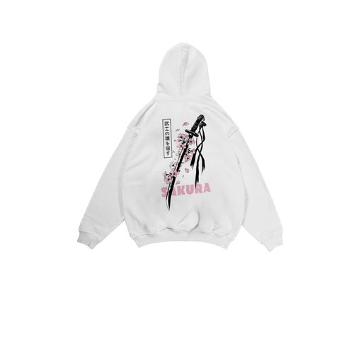 Hoodie Blanc Sakura - Hoodie Coton avec Motif Japonais Katana et Fleurs - Coupe Semi-Oversized