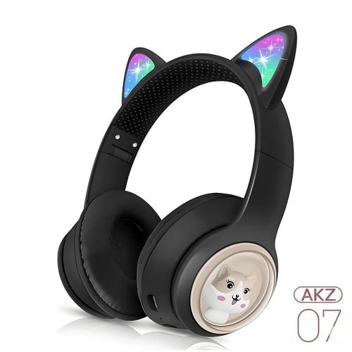Casque Bluetooth Cat, Pliable pour Filles Enfants, LED RGB & Micro, Carte TF, Noir