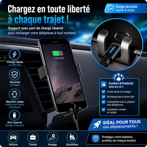 Support téléphone voiture gravité, Porte smartphone pour grille d'aération, Fixation automatique auto réglable, Support universel mains libres, Accessoire téléphone sécurité conduite, Rotation stable