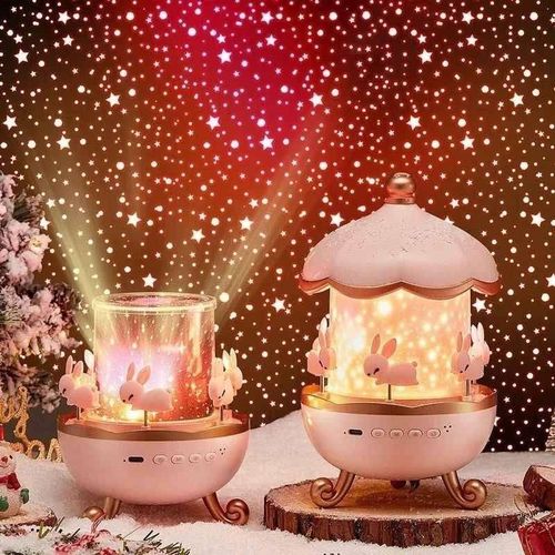 Projecteur d’Étoiles pour Enfants – Veilleuse Rotative Carrousel Lapin, Lampe Décorative