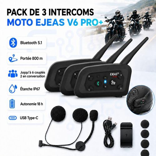 3 Intercoms Bluetooth 5.1 pour casque moto V6 Pro+ Portée 800 m, étanche IP67 et USB Type C