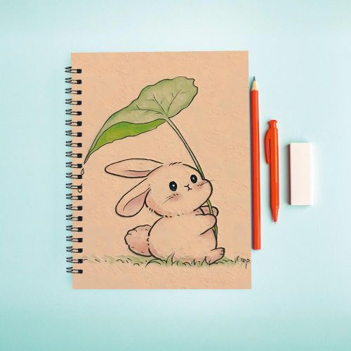 Bloc-notes, A5, 13.97*21.08 cm, 50 pages, avec style de dessin animé de lapin tenant un motif de feuille. pour c