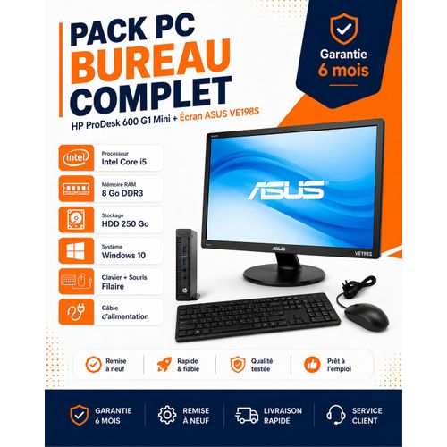 PACK PC BUREAU PRODESK 600 G1-INTEL CORE I5-RAM 8 Go-HDD 250Go-avec Ecran 19 Asus -clavier, souris et tapis gratuits- GARANTIE 6 MOIS-(Remis a Neuf)