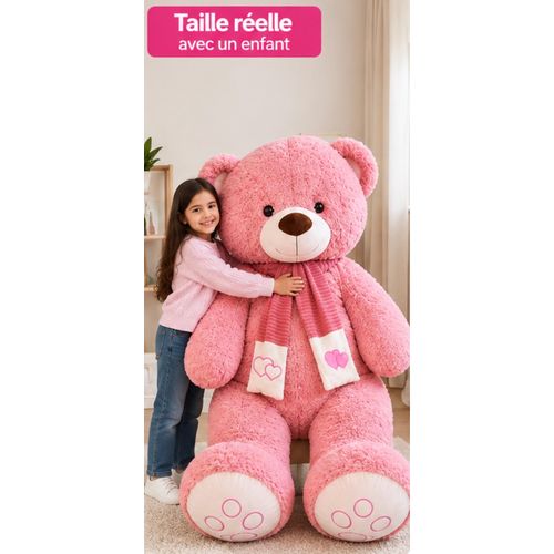 Grande peluche ours rose 1,40 m – Très douce avec écharpe cœur - nounours geant