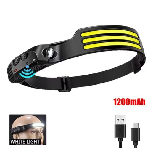 Lampe frontale à induction LED COB rechargeable par USB avec batterie intégrée de 1200 mAh - Lampe torche idéale pour le camping