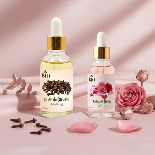 Duo Huile de girofle 50 ml + Huile de rose 30 ml usage peau cheveux