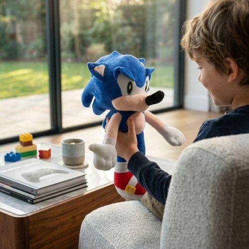 Peluche Herisson Bleu Hauteur 46 cm Personnage Jeu Video Anime Jouet Rembourre Doux avec Cordon Suspension Yeux Brodes Gants Blancs Chaussures Rouges Decoration Chambre Enfant Salon Gaming Cadeau Anniversaire Fans Garcons Filles Collection