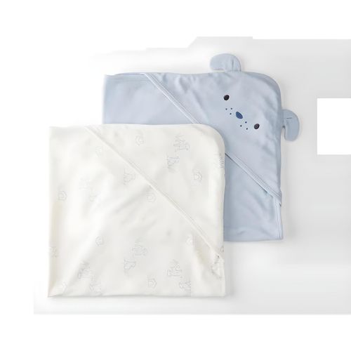 Serviette de Bain à Capuche Bébé Garçon - Coton Doux Absorbant - Pour le Bain et la Plage - Lot de 2 Bleu et Blanc