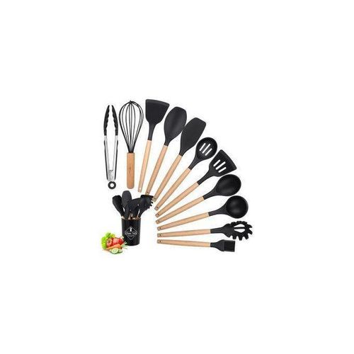 Ustensiles de Cuisine Silicone Bois, 12 PCS Accessoire Cuisine Set sans BPA, Antiadhésive Anti-Rayures et Résistante à Chaleur,Outil de Cuisine Antiadhésif pour Louche/Spatule/Cuillère à Pâtes