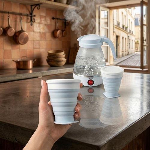 Bouilloire lectrique pliable 600ml avec 2 gobelets en silicone alimentaire mini bouilloire portable chauffage rapide chauffe eau compact pour voyage camping bureau maison