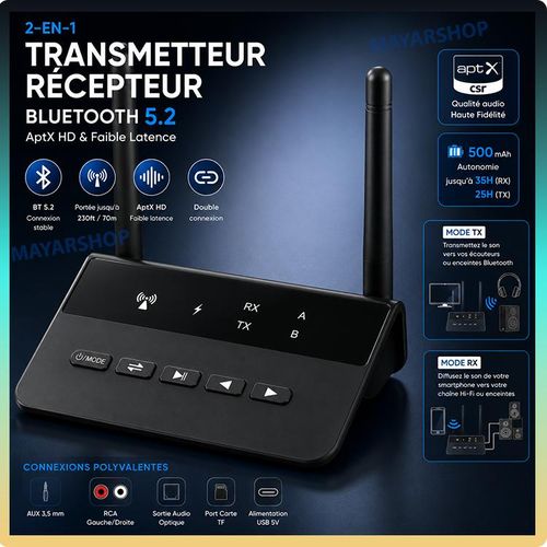 Transmetteur Récepteur Bluetooth 5.2 2-en-1 – Adaptateur Audio TX/RX AptX HD & Faible Latence – Double Connexion – AUX 3,5 mm & RCA – Batterie 500 mAh – Pour TV, PC, Casque, Enceinte et Chaîne Hi-Fi