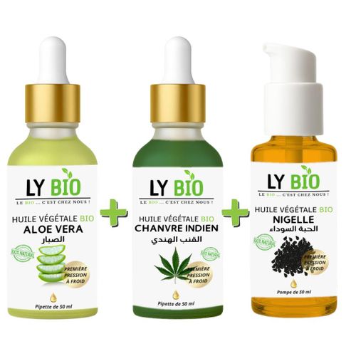 PACK HUILE ALOE VERA 50ml - PIPETTE + HUILE HYDRATANTE & NUTRITIVE 50ML - PIPETTE + HUILE NIGELLE 50ML - POMPE