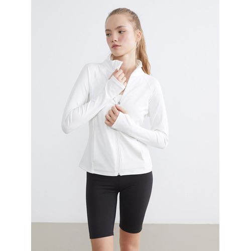 Sweat-shirt à col montant zippé pour femme avec passe-pouces.