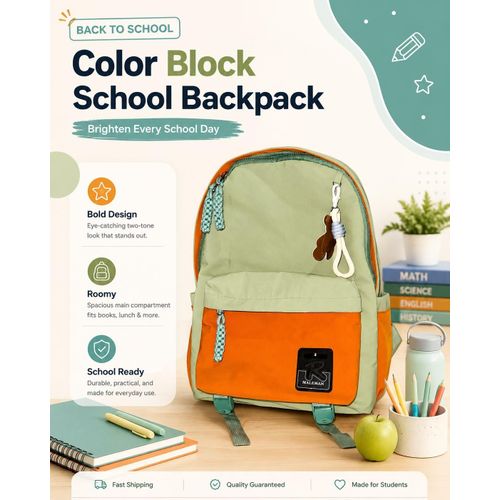 Sac à dos scolaire color block vert et orange