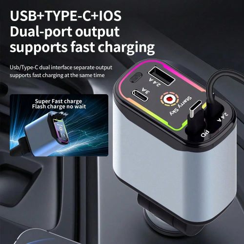 Chargeur de voiture 4 en 1,Câble rétractable intégré,Chargement rapide et pratique,Compatible avec iPhone et Type-C