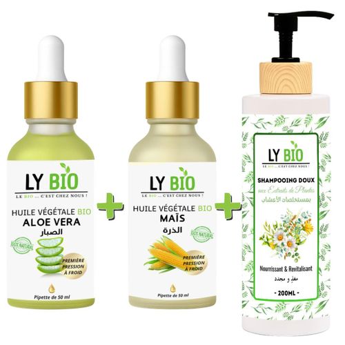 PACK HUILE ALOE VERA 50ml - PIPETTE + HUILE MAIS 50ML - PIPETTE + SHAMPOOING AUX EXTRAITS DE PLANTES 200ML