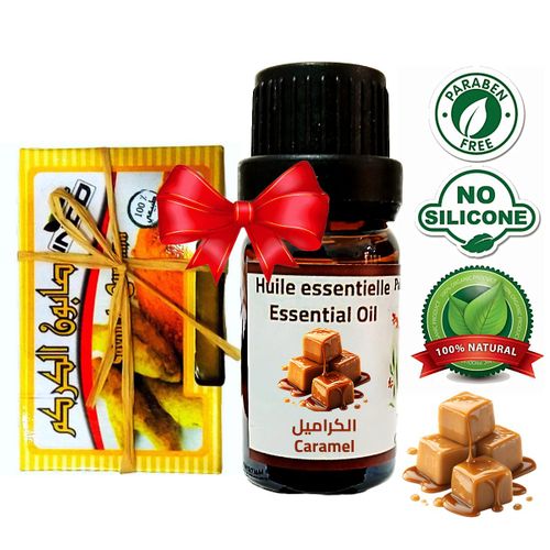 زيت أساسي برائحة الكراميل 10 مل - عطر حلو وشهي جوهر طبيعي 100% + صابون الكركم لعناية حب الشباب مجدد 100% طبيعي 80 غرام