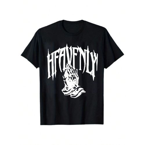 T-shirt Graphique Noir Épais 200 g/m pour Homme avec Imprimé Lettres Célestes Blanches et Motif Mains en Prière - Col Rond Manches Courtes T-shirt Décontracté pour Salle de Sport, Tenue Décontractée, Confort Toutes Saisons - Vêtement Chrétien Lavable e