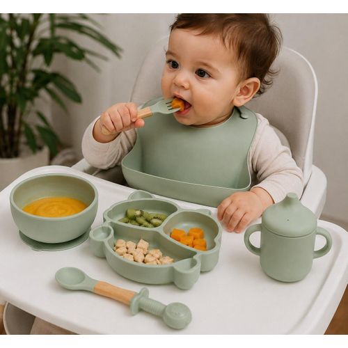 Coffret Repas Bebe,Lot de 8 Silicone Assiette Bébé
