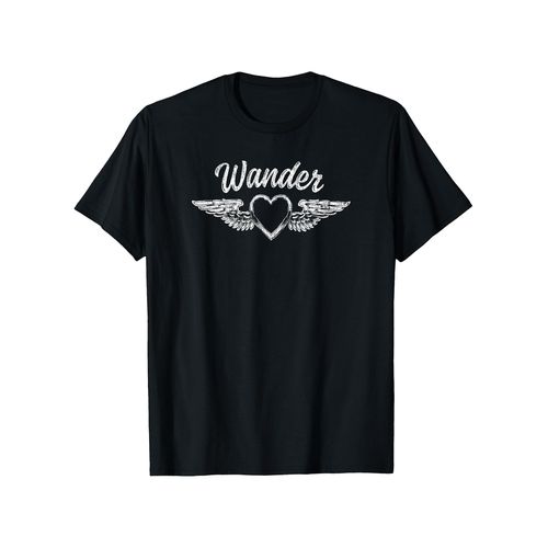 T-shirt Homme 180Gsm Poids Lourd - Noir Rétro Coeur Ailé & Texte Wander Graphic Tee - T-shirt Confortable à Col Rond et Manches Courtes Idéal pour Sorties Décontractées & Voyages - T-shirt Wanderer Respirant pour Camping, Usage Quotidien, GRANDES TAILLE